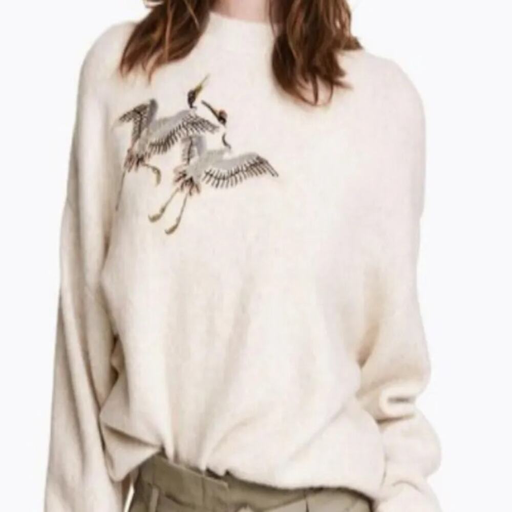 Madisonne Camel Colored Stork Embroidered Knit Sweater - M